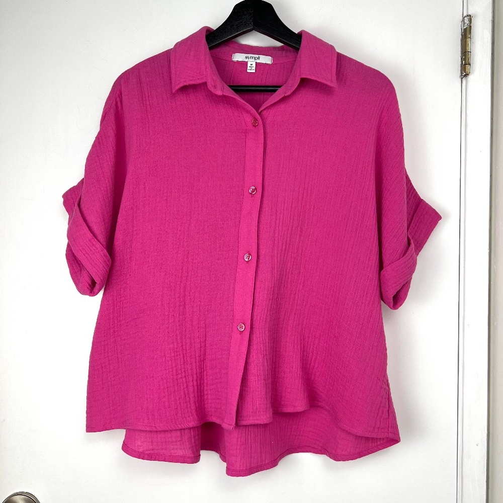 Sympli Lightweight Cotton Gauze Short Sleeve Shirt M Bright Pink Travel Summer